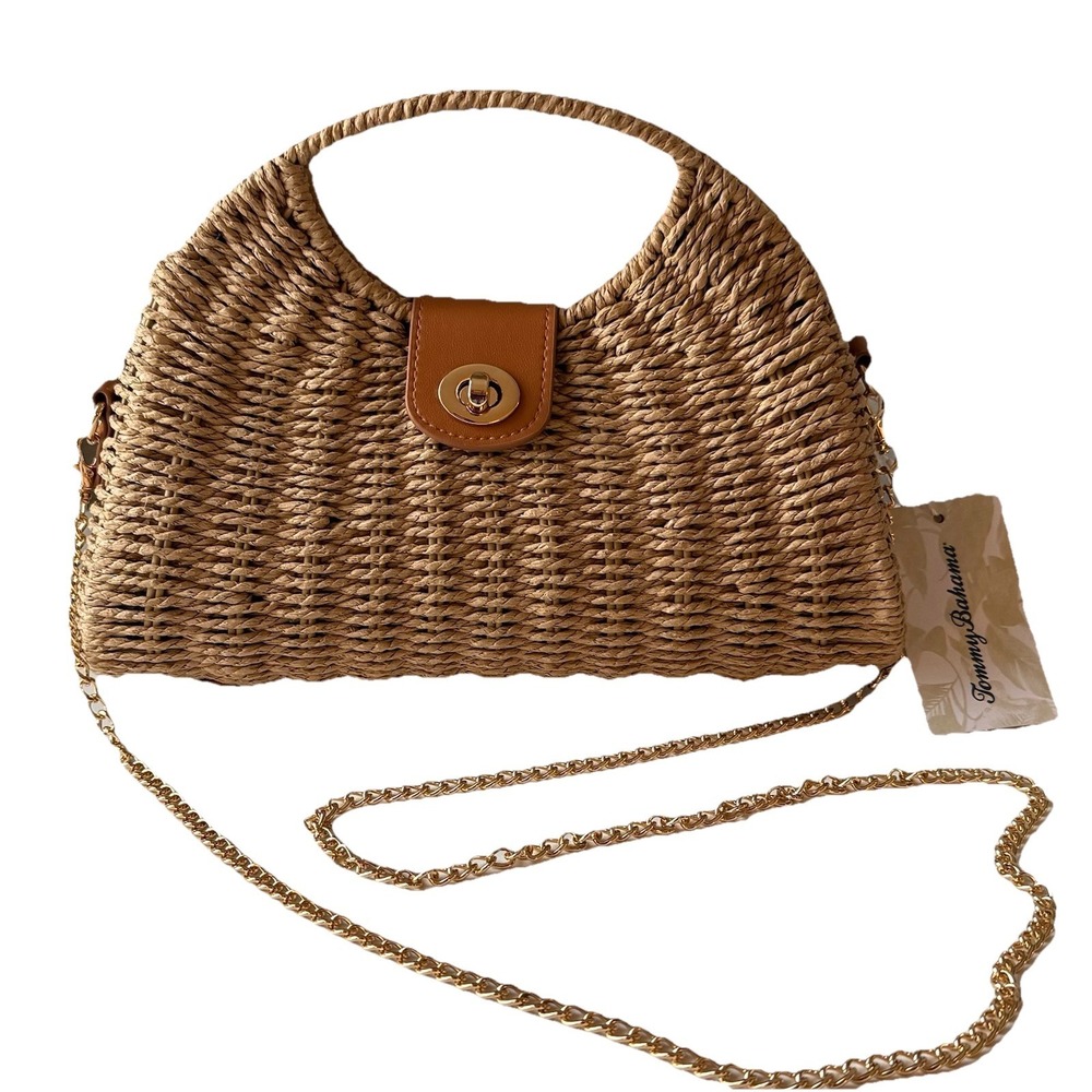 NWT Tommy Bahama Straw Woven Satchel Crossbody Bag Gold Chain Resort Beach - Picture 2 of 11